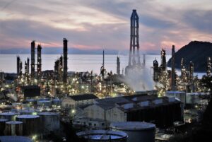 Modern oil refinery and petroleum storage tanks